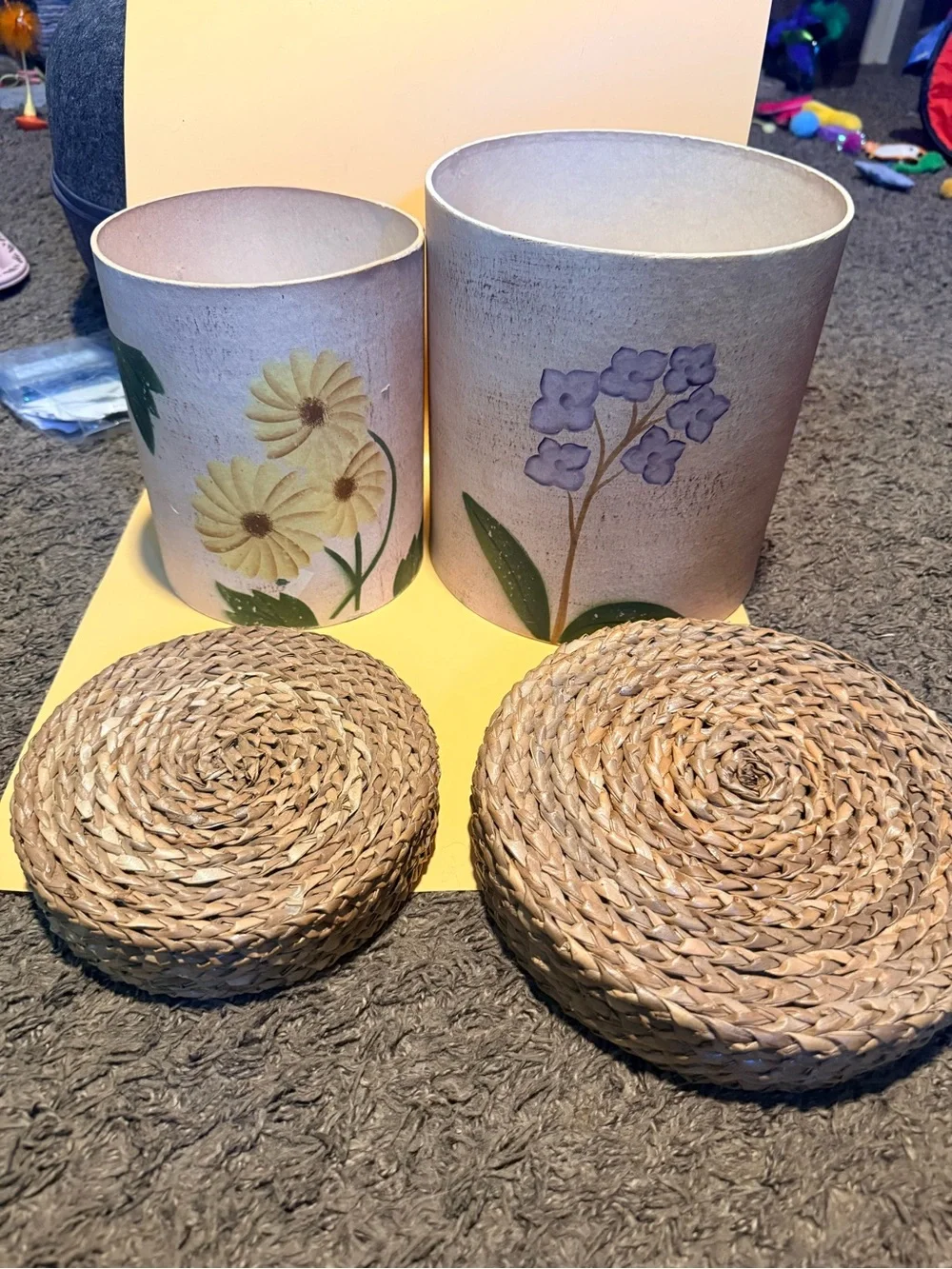 Hand-Painted Floral Canisters with Woven Seagrass Lids - Cream